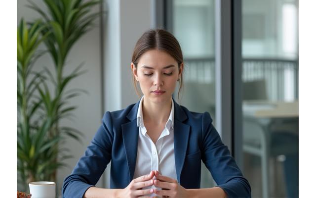 Person meditating at a desk in an office setting, practicing stress management