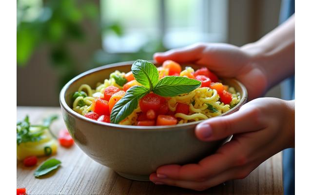 Mindful eating practice with colorful, healthy food