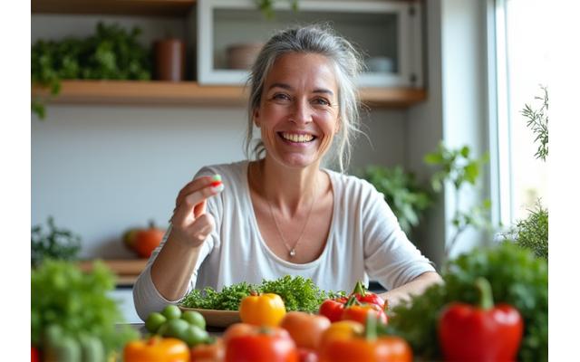 Woman enjoying a nutritious meal with fresh vegetables and herbs