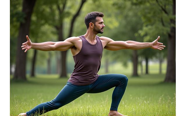 Man calmly stretching outdoors in a park, embodying mindful movement