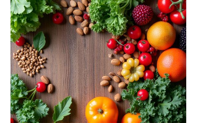 Colorful selection of fresh, ripe plant-based foods on a wooden table