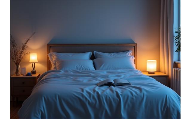 Peaceful bedroom scene with soft lighting, emphasizing good sleep hygiene