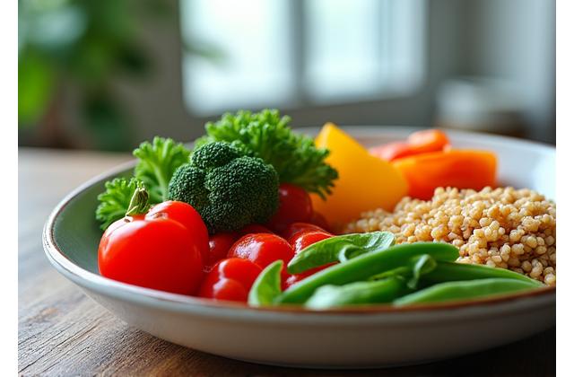 A balanced meal with fresh vegetables and lean protein, suggesting healthy eating.