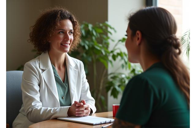 A health coach and a client in a warm, professional setting, engaged in a focused, one-on-one discussion.