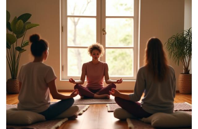 A diverse group of adults practicing calming mindfulness exercises in a workshop setting, with soft lighting.